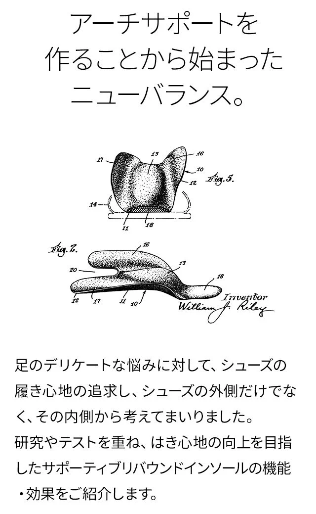 アーチサポートを作ることから始まったニューバランス。 足のデリケートな悩みに対して、シューズの履き心地の追求し、シューズの外側だけでなく、その内側から考えてまいりました。 研究やテストを重ね、はき心地の向上を目指したサポーティブリバウンドインソールの機能・効果をご紹介します。